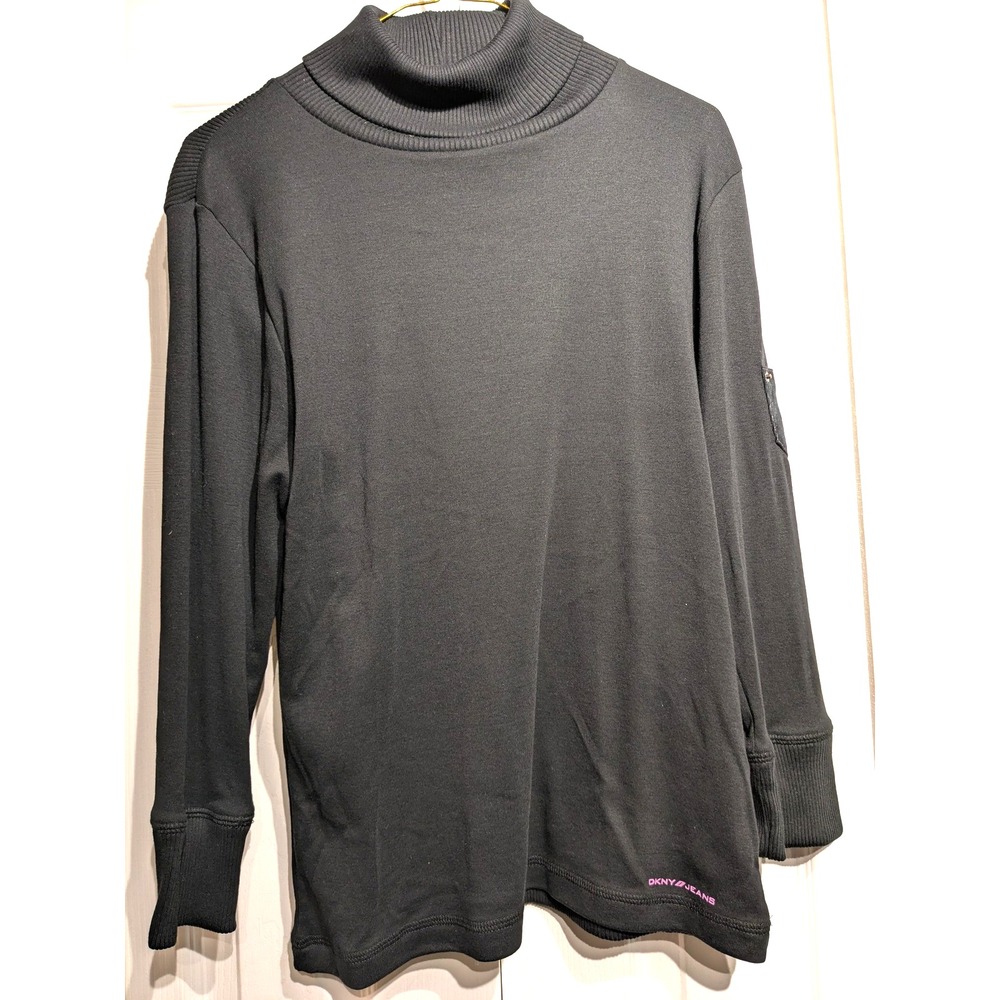 DKNY Jeans Sweater Womens XL Black Turtleneck Pocket Long Sleeve Pullover Casual